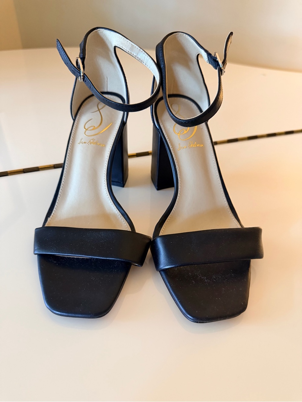 Sam Edelman Black Leather Block Heel Sandals with Ankle Strap